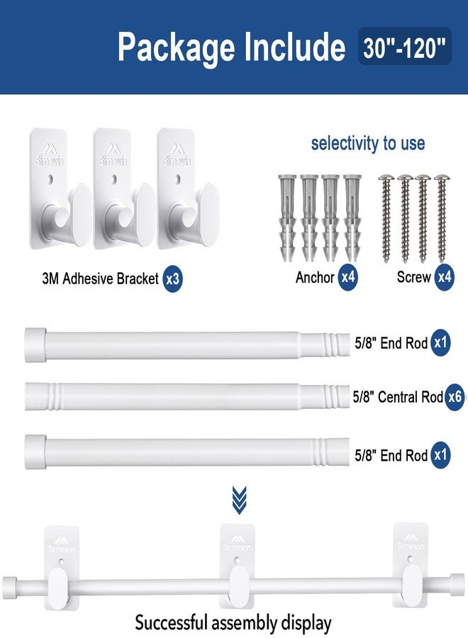 SIMEWIN Curtain Rods No Drilling for Windows 30 to 120 Inches,5/8 Inch Diameter No Drill Small Curtain Rod Set with 3M Adhesive Brackets, White - Image 5